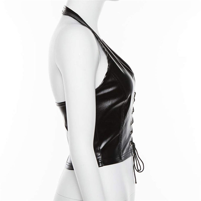 FlyCC Women's Adjustable Spaghetti Straps PU Leather Bustier Crop Tube Top Black a - Image 4